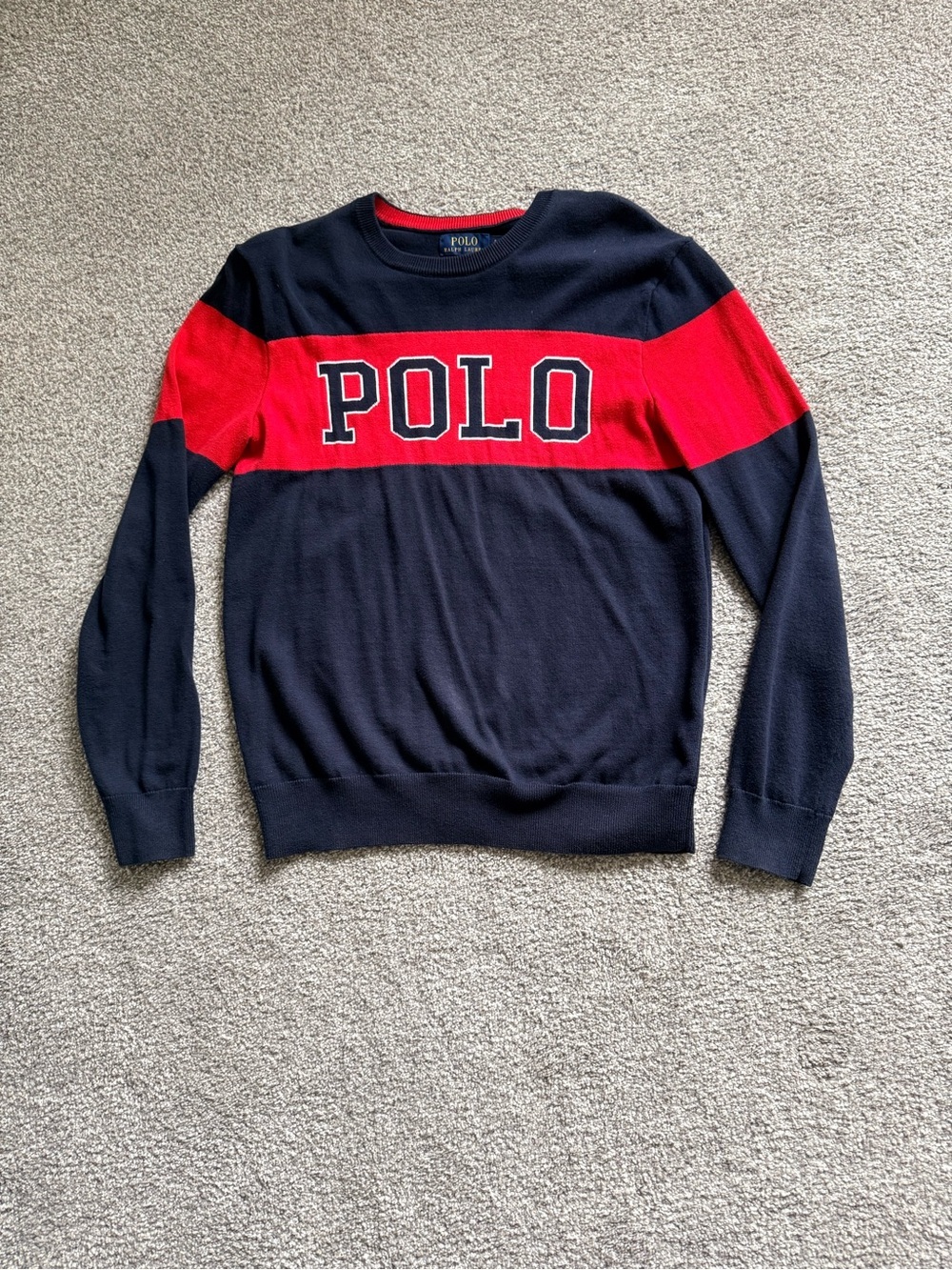 Ralph Lauren Navy and Red POLO Stripe Crewneck Sweater